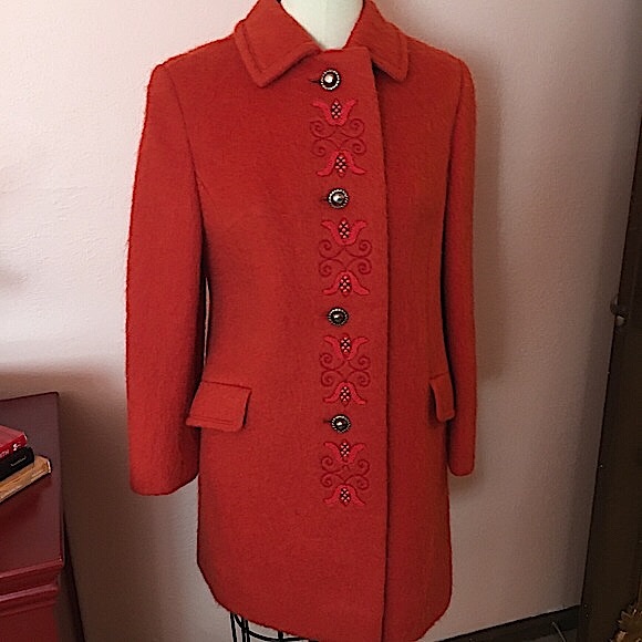 Vintage 1940 50 Austrian Loden Burnt orange wool Mohair Embroidered Long Coat - Picture 8 of 17